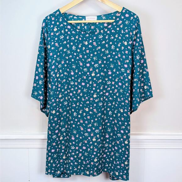 Molly & Isadora Kara Tie-Front Kimono Sleeve Tunic Top in Teal Floral Print 2X - Picture 2 of 10